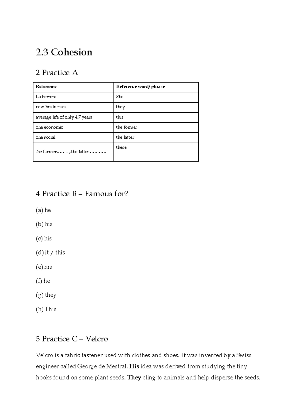 Cohesion exercises key - 2 Cohesion 2 Practice A Reference Reference ...