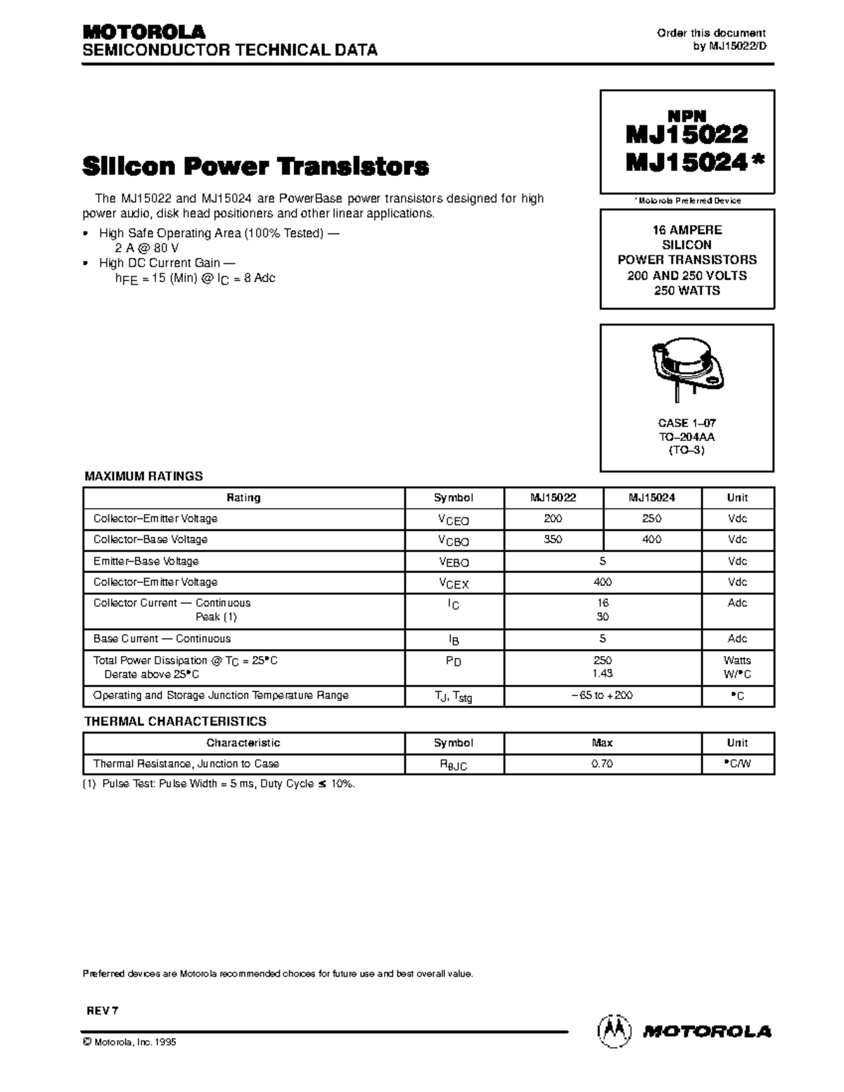 MJ15022 - Technical Data for Power Transistors in Audio Applications ...