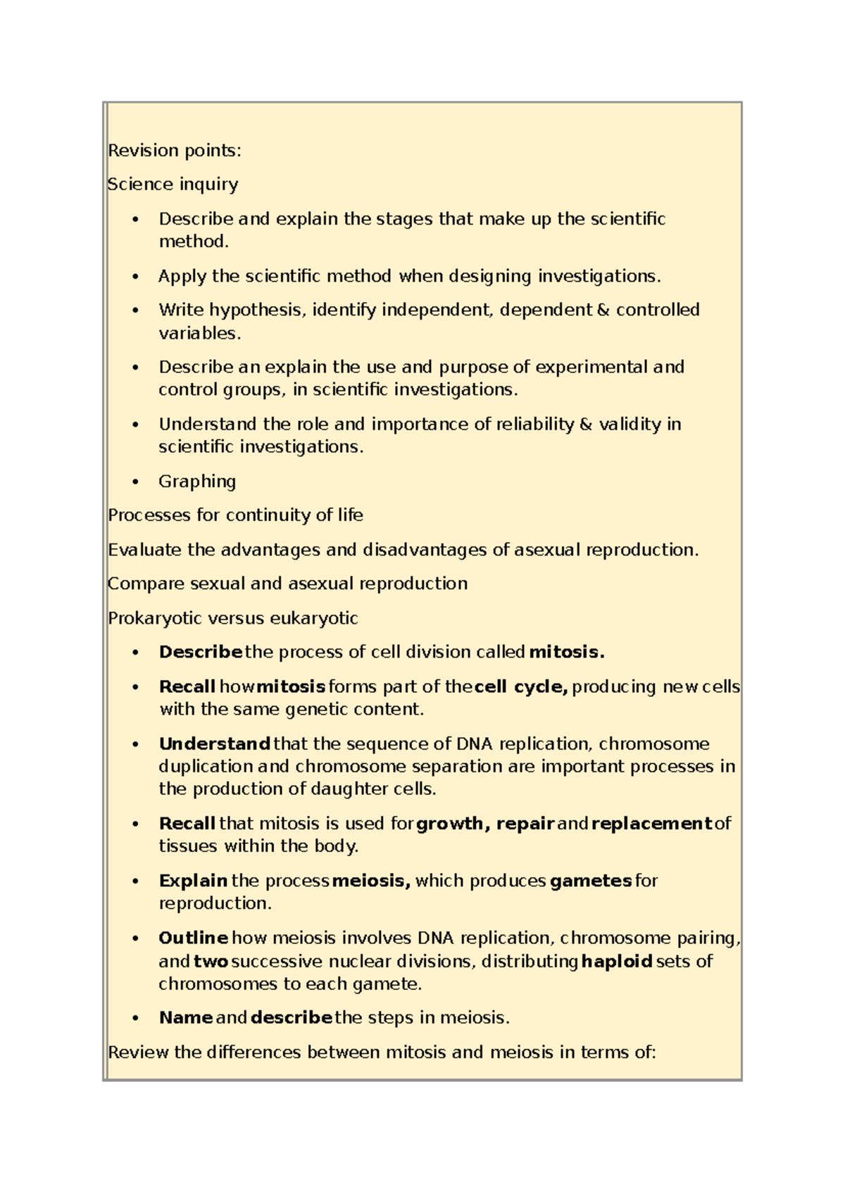 Biology Unit 3 Task 1: Scientific Method & Cell Division Revision Notes ...