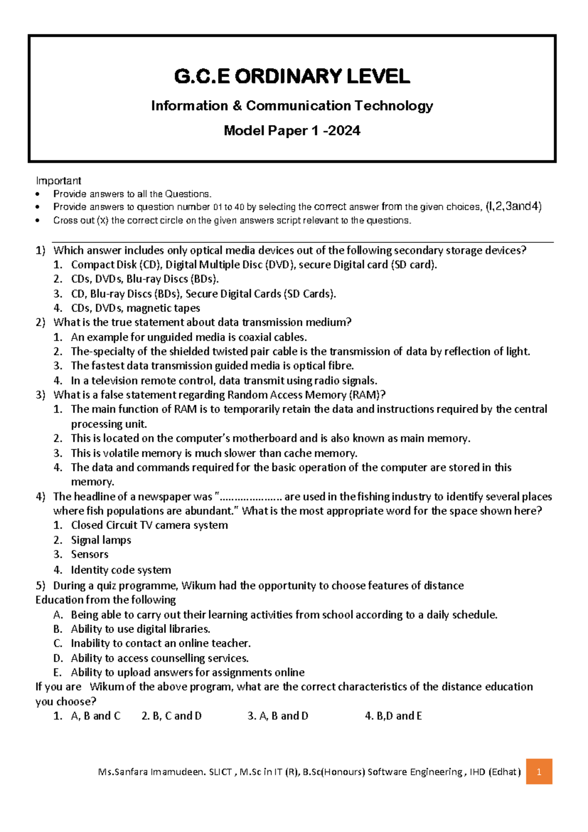 Model paper 1 - Computer Science - Important Provide answers to all the ...