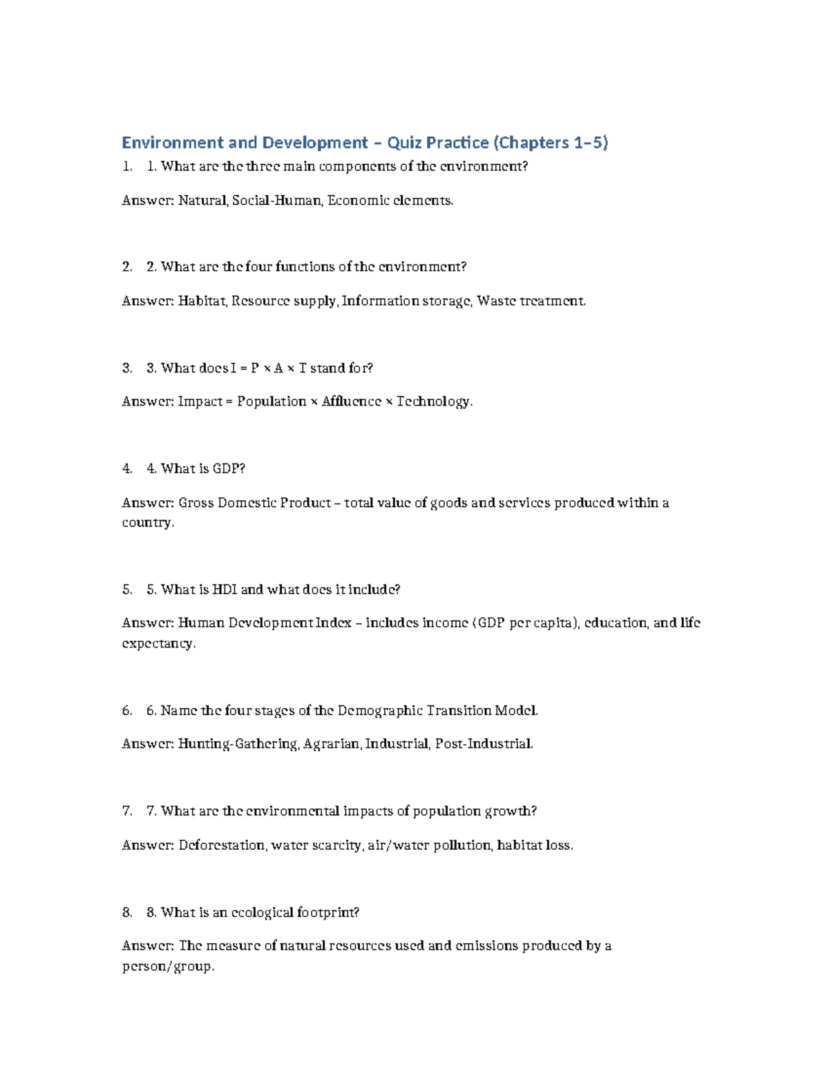 ENV 101 Final Revision Sheet: Environment & Development Overview - Studocu