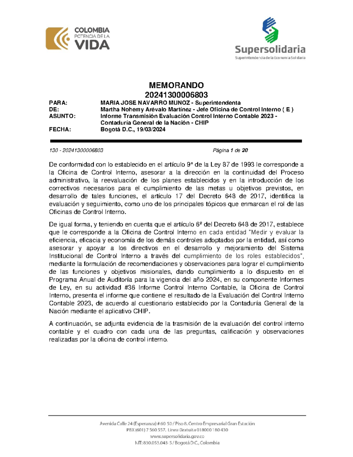 Informe de Control Interno Contable 2023 - Mem. 20241300006803 - Studocu