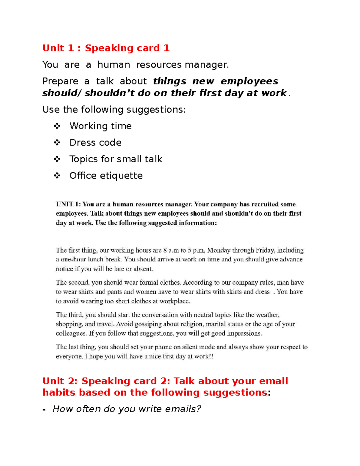 Speaking Task 3: Unit 1-8 - HR & Business Communication Cards - Studocu