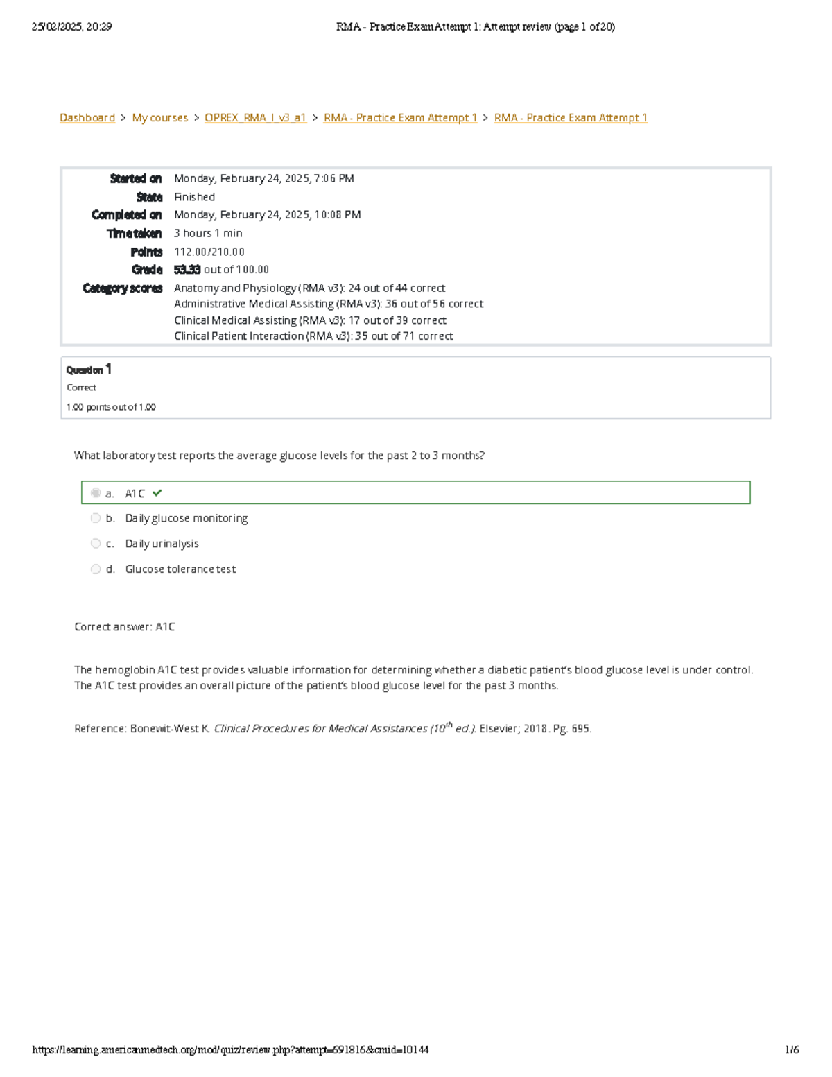 RMA - Practice Exam Attempt 1 Review and Analysis - Dashboard > My ...