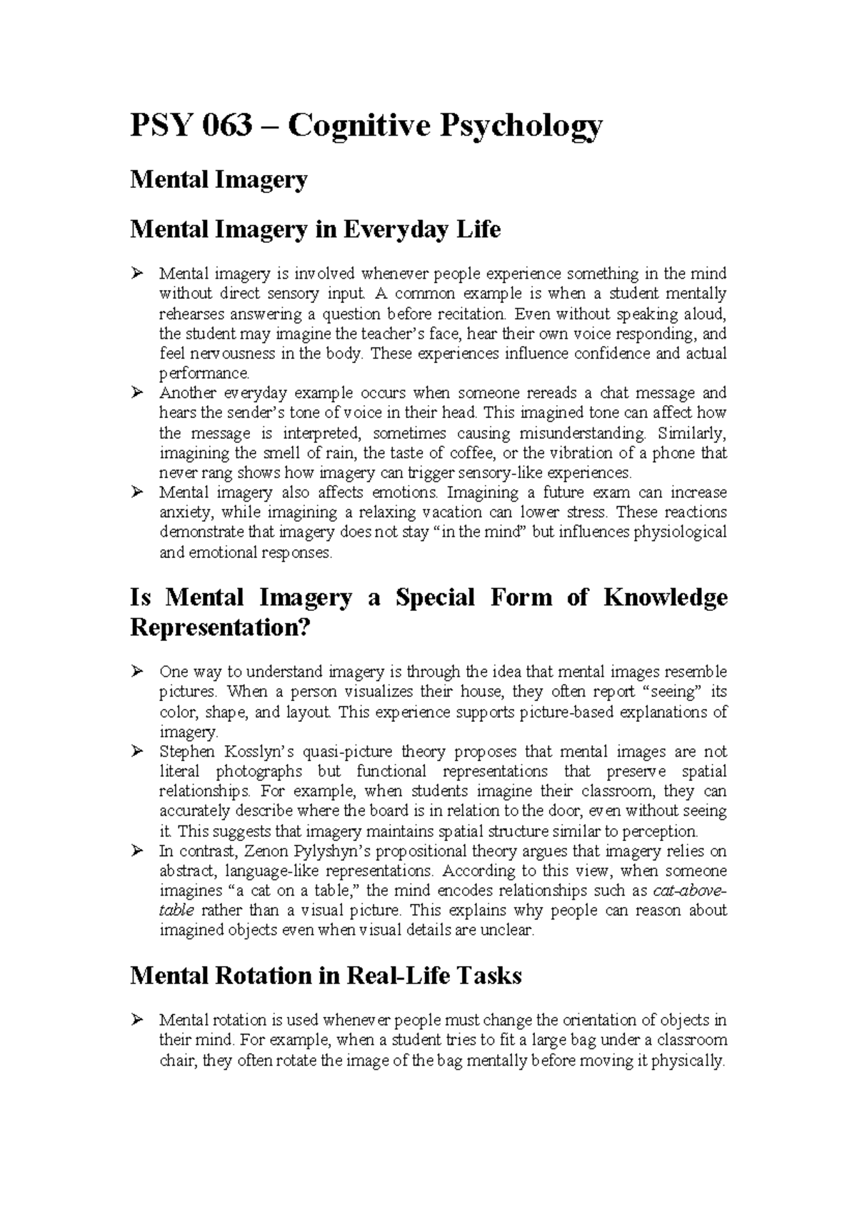 PSY 063 Cognitive Psychology: Understanding Mental Imagery in Daily ...