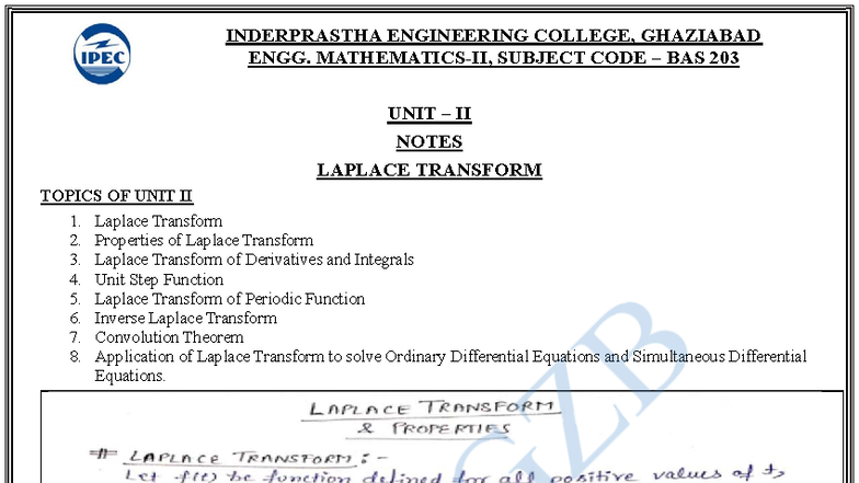 BAS 203 Unit II Notes: Laplace Transform Concepts and Applications ...