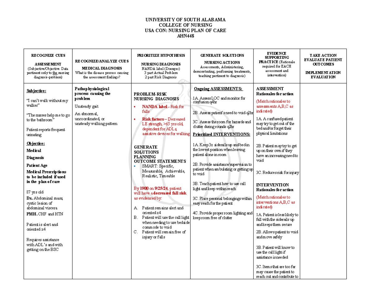 Care Plan for Risk of Falls - NURSING PLAN OF CARE - Studocu