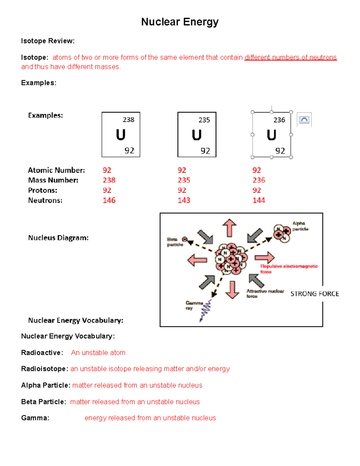 Nuclear Energy Notes - Nuclear Energy Isotope Review: Isotope: atoms of ...