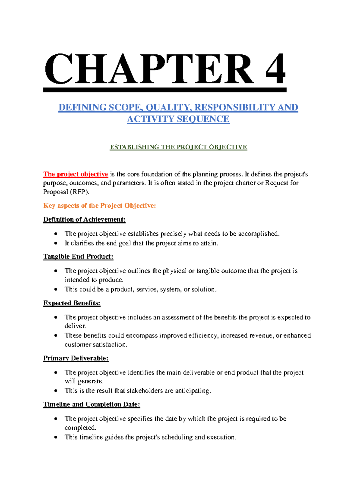 Chapter 4: Defining Project Scope, Quality, and Responsibilities - Studocu