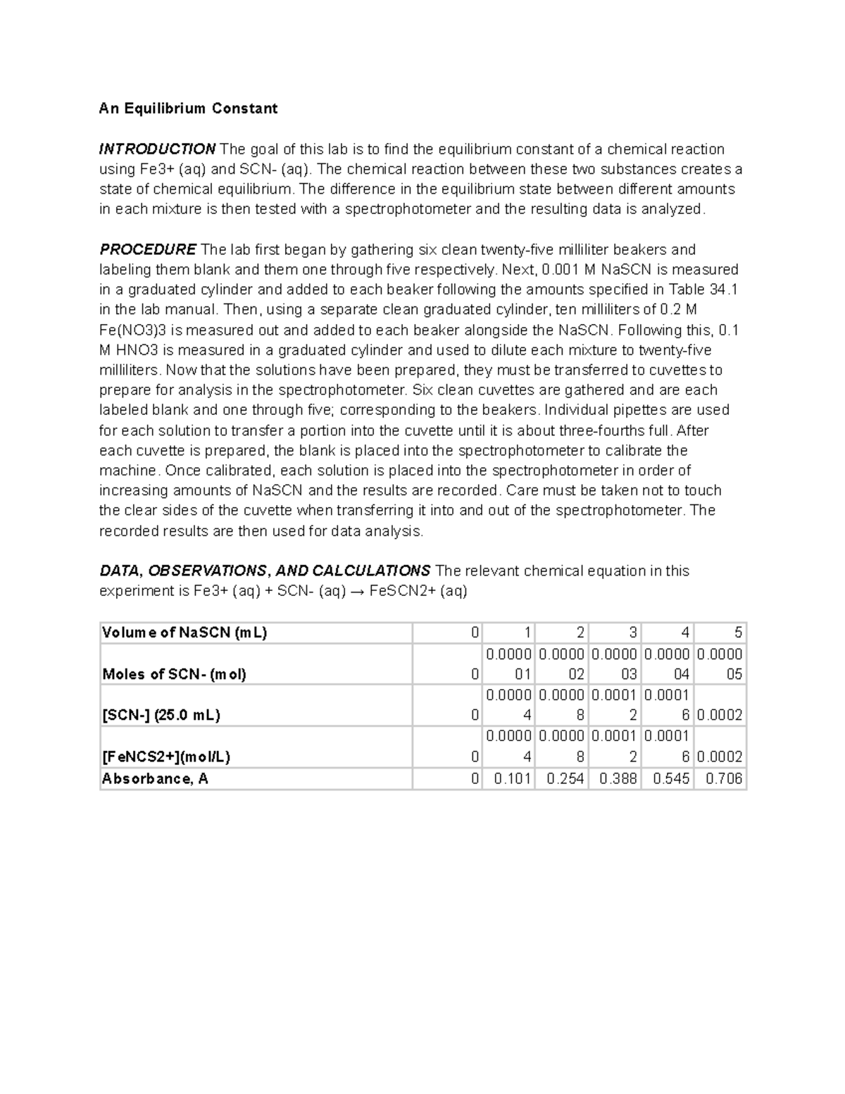 Lab Report 2: Determining the Equilibrium Constant of Fe³⁺ and SCN ...