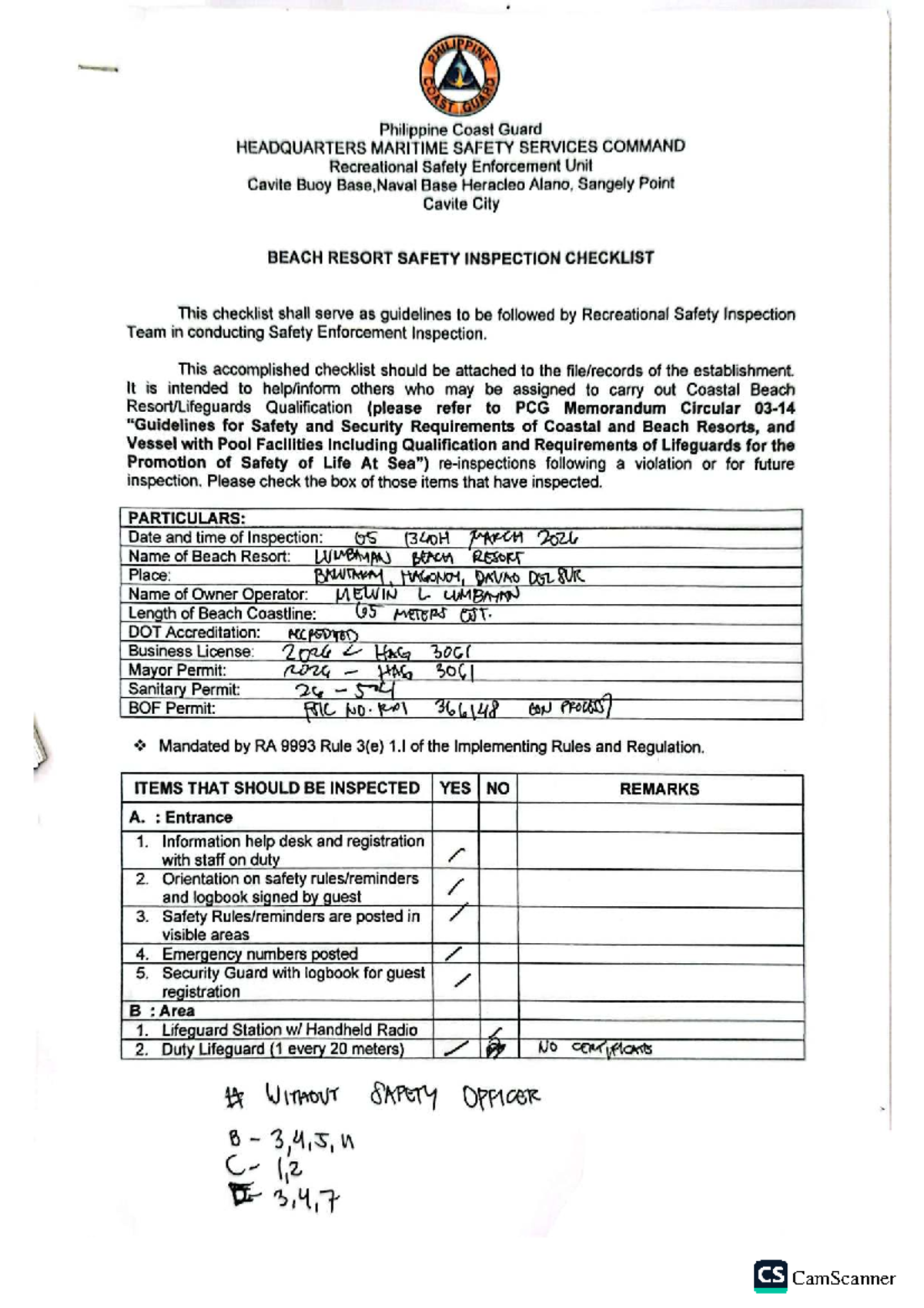 PHILIPPINE COAST GUARD BEACH RESORT SAFETY INSPECTION CHECKLIST - Studocu