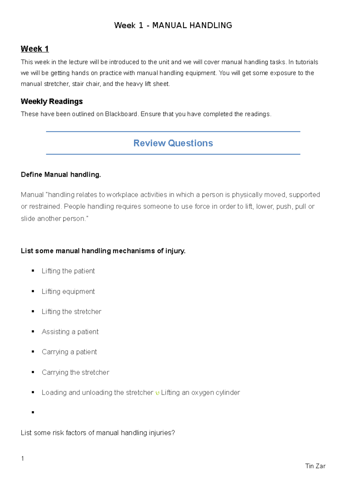WK 1 Study Guide - Manual Handling Lecture Notes and Key Concepts - Studocu