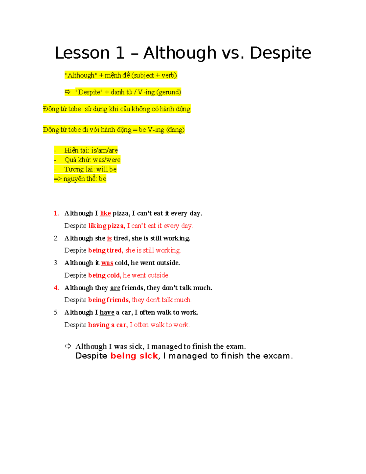 Lesson 1 - Although vs. Despite: Usage & Examples - Studocu