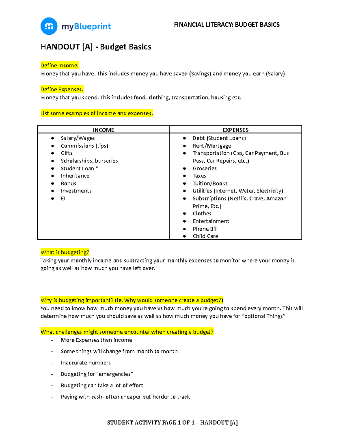 Aadi-39- Financial Literacy Budget Basics - HANDOUT [A] - Budget Basics ...