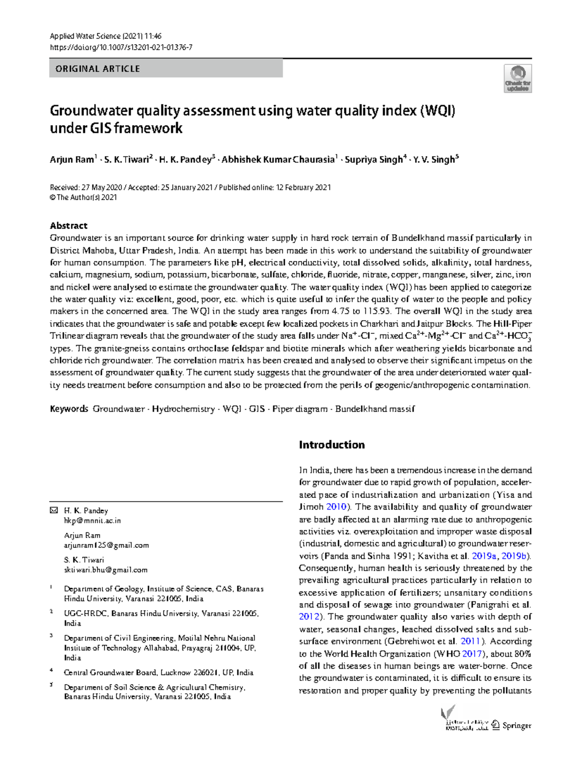 Groundwater Quality Assessment Using WQI in Mahoba District (S13201 ...