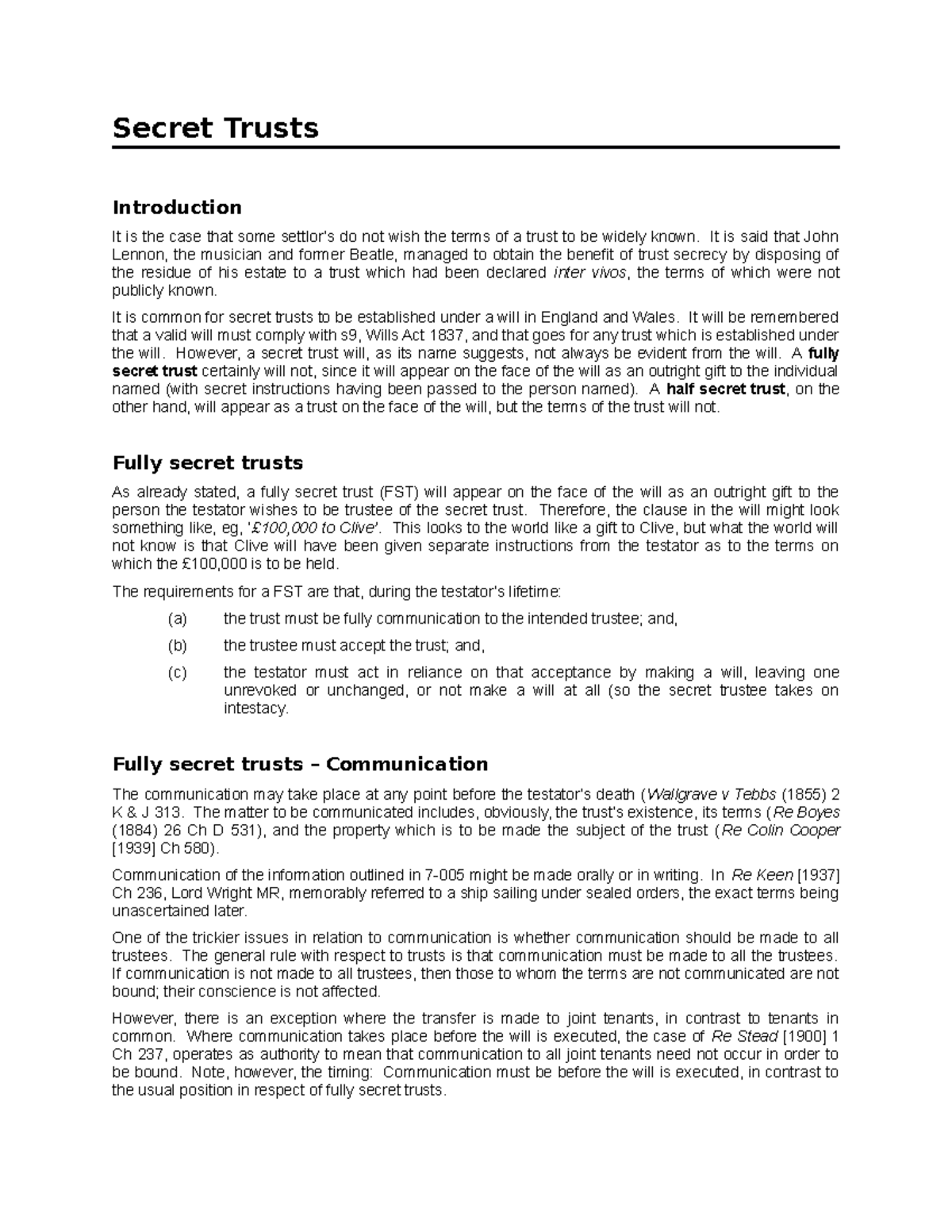 Equity Law Notes: Understanding Secret and Mutual Trusts - Studocu