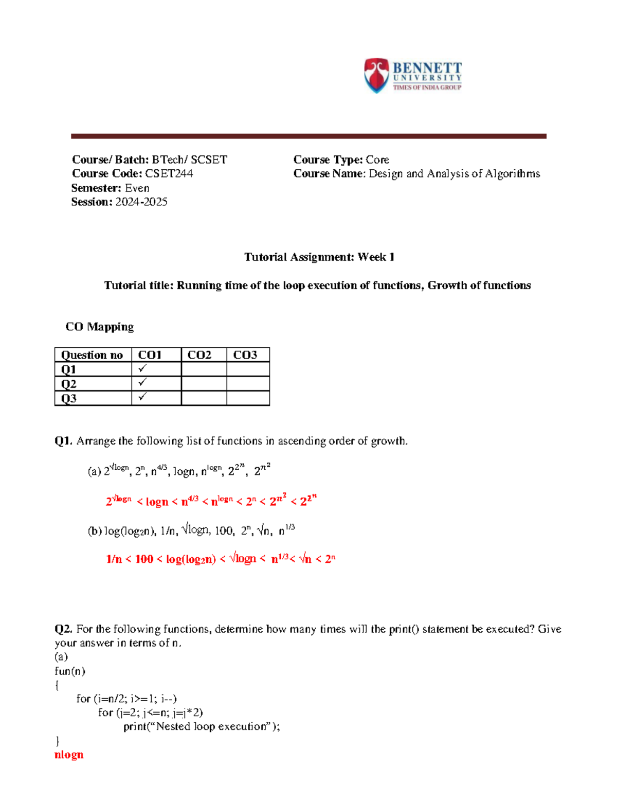 CSET244 Tutorial Week 1: Running Time & Growth of Functions - Studocu