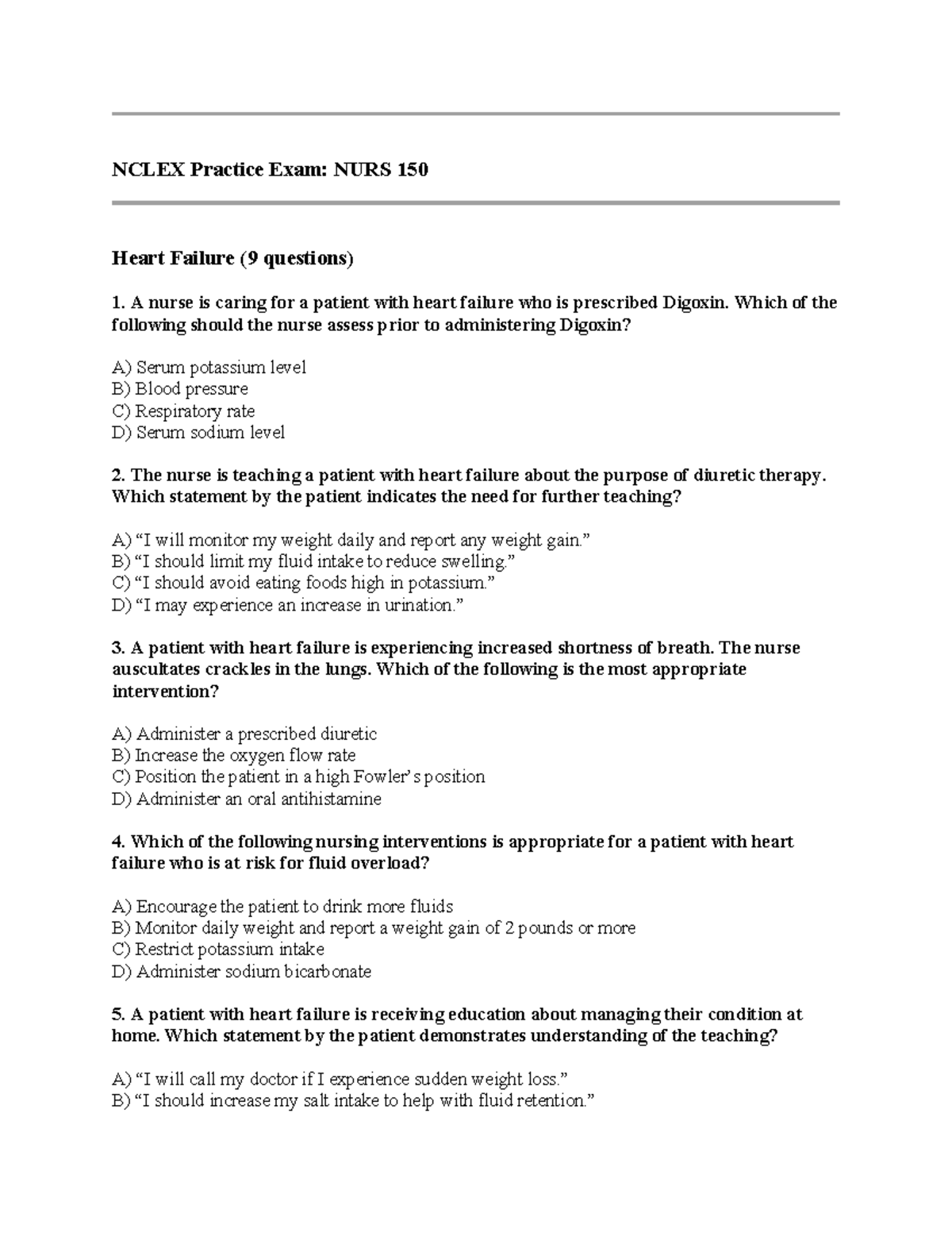 NCLEX Practice Exam: NURS 150 Heart Failure & Anaphylaxis Review - Studocu