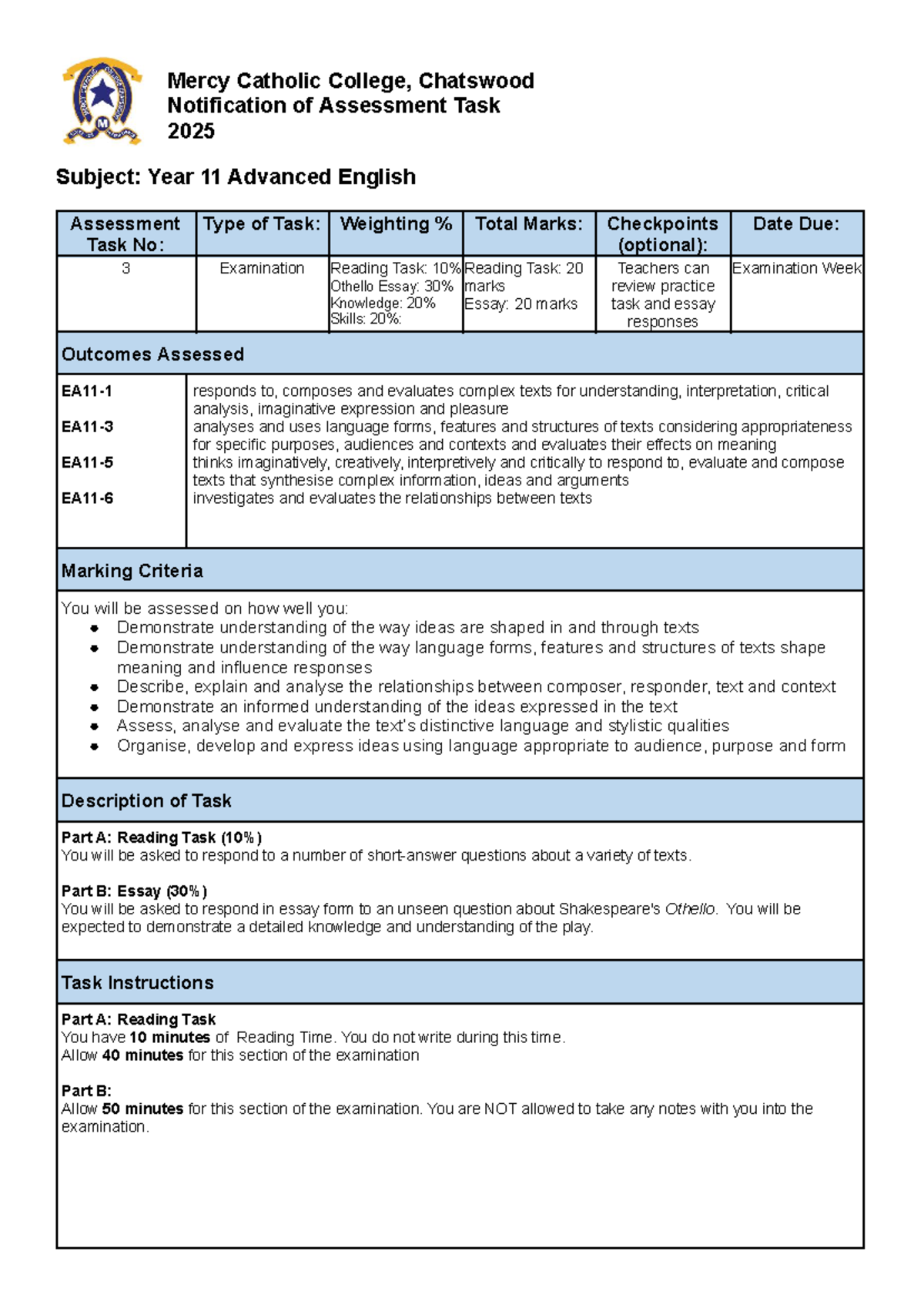 11 Adv 2025 End of Year Exam Notification: Othello Essay & Reading Task ...