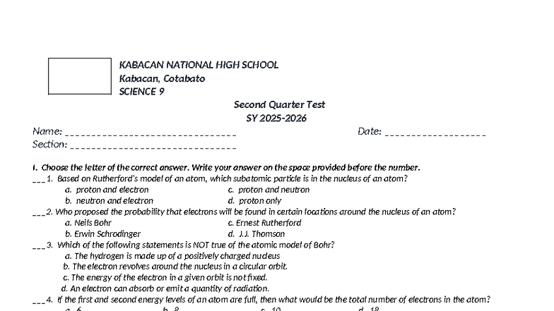 SCIENCE 9 Q2 Test Questions - Kabacan National High School - Studocu