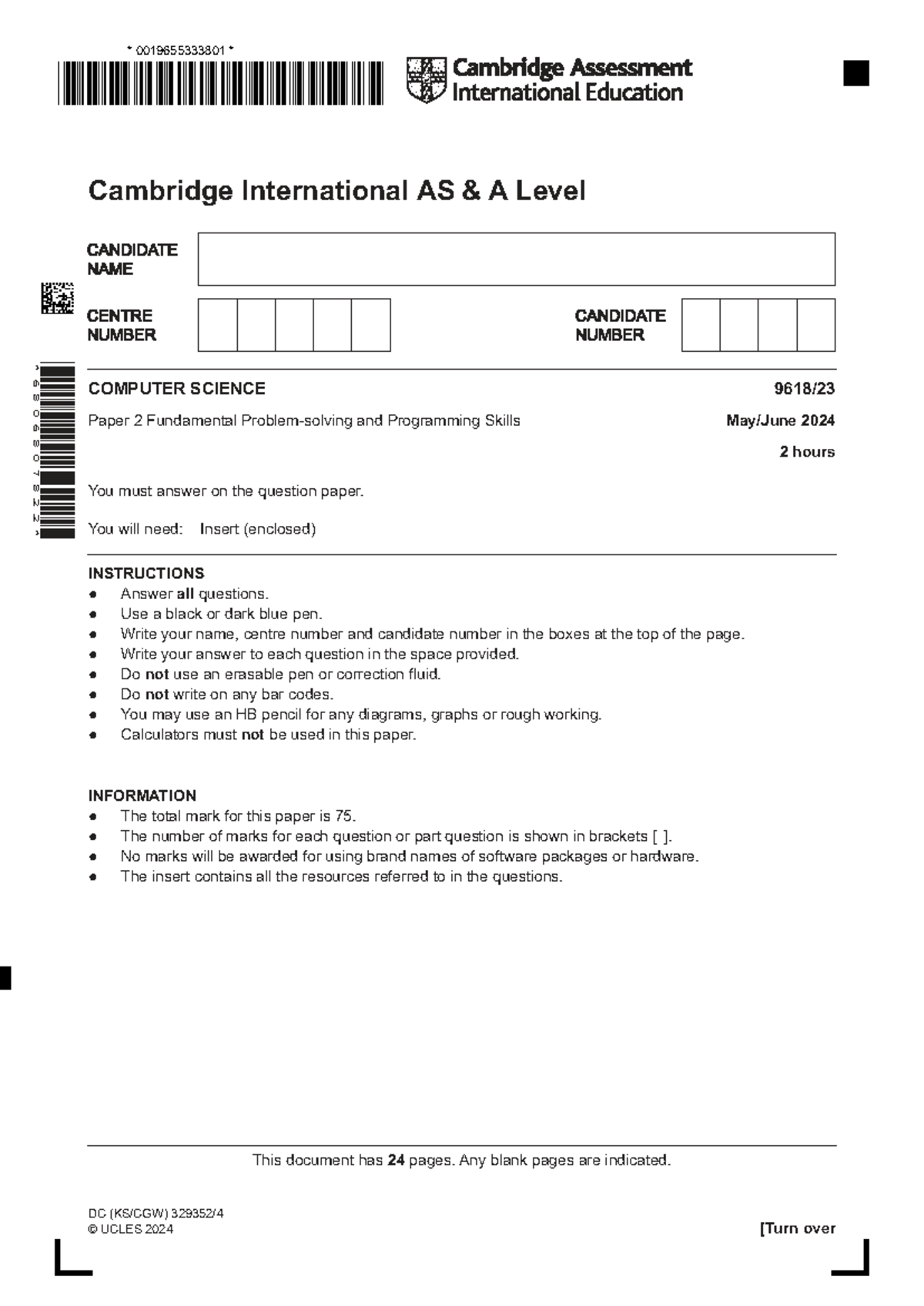 Cambridge International AS A Level 9618/23 Computer Science Paper 2 ...