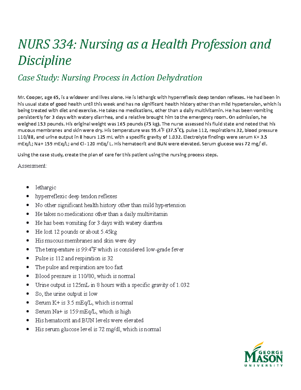 NURS 334 Case Study: Nursing Care Plan for Dehydration Management - Studocu