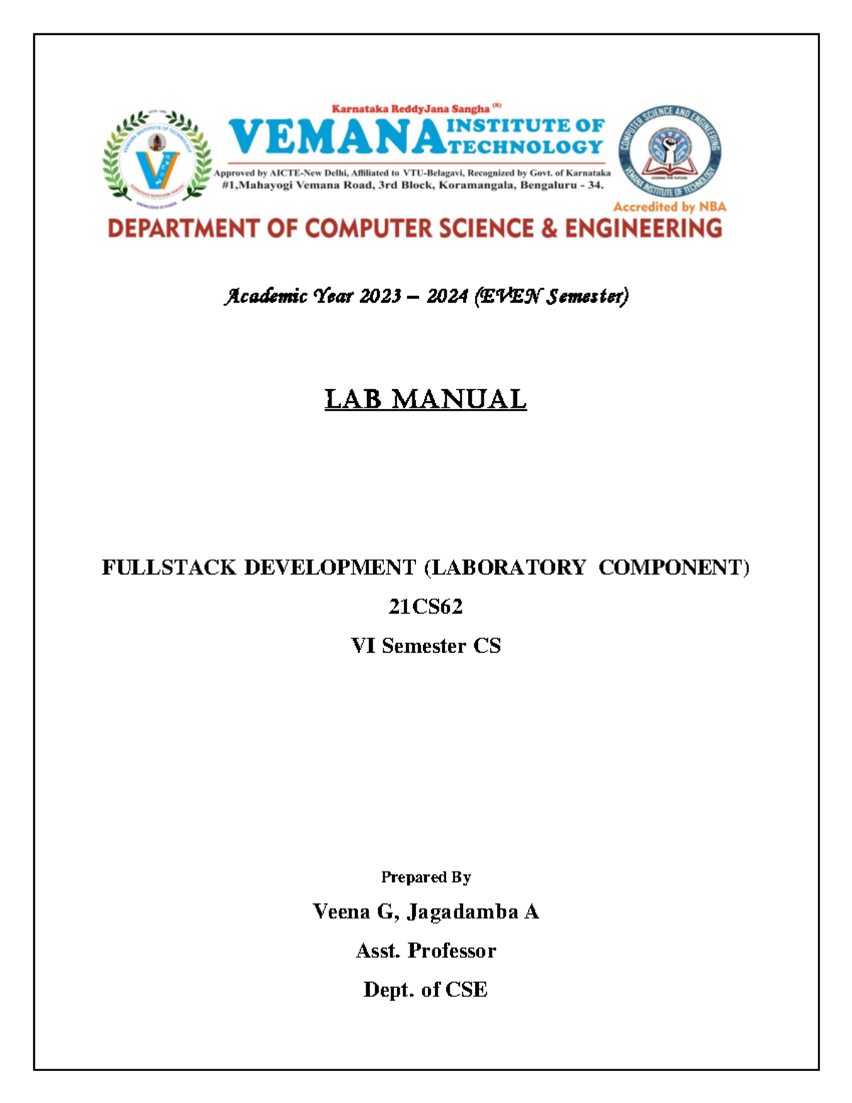 21CS62 Fullstack Development Lab Manual - Academic Year 2023-24 - Studocu