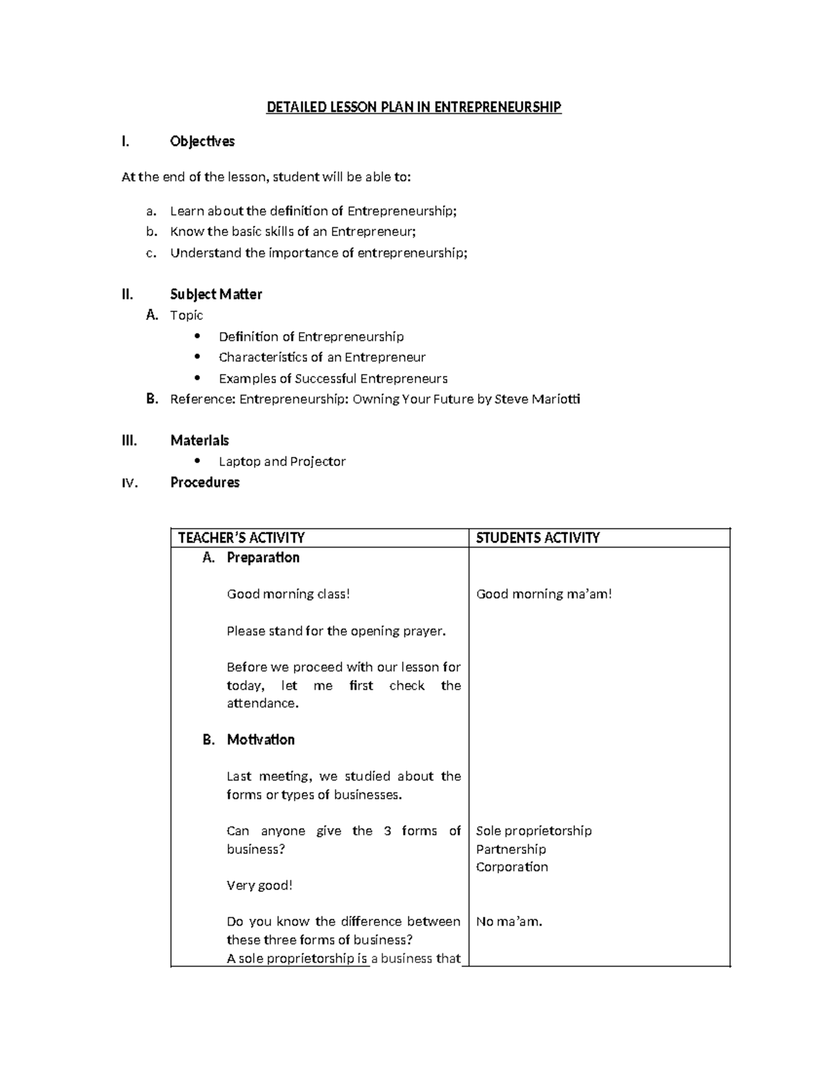 Entrep 101: Detailed Lesson Plan on Entrepreneurship I - Studocu