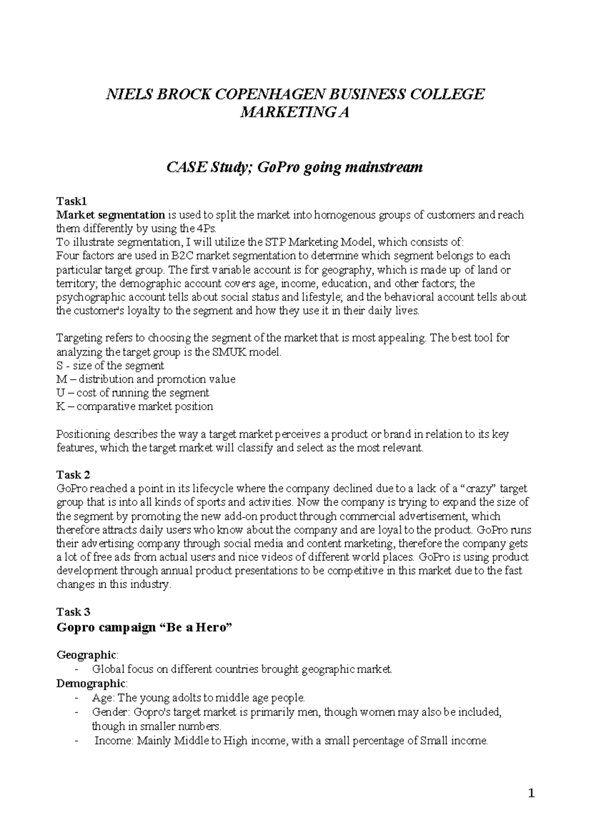 GoPro Market Segmentation Case Study - Marketing A Examination - Studocu
