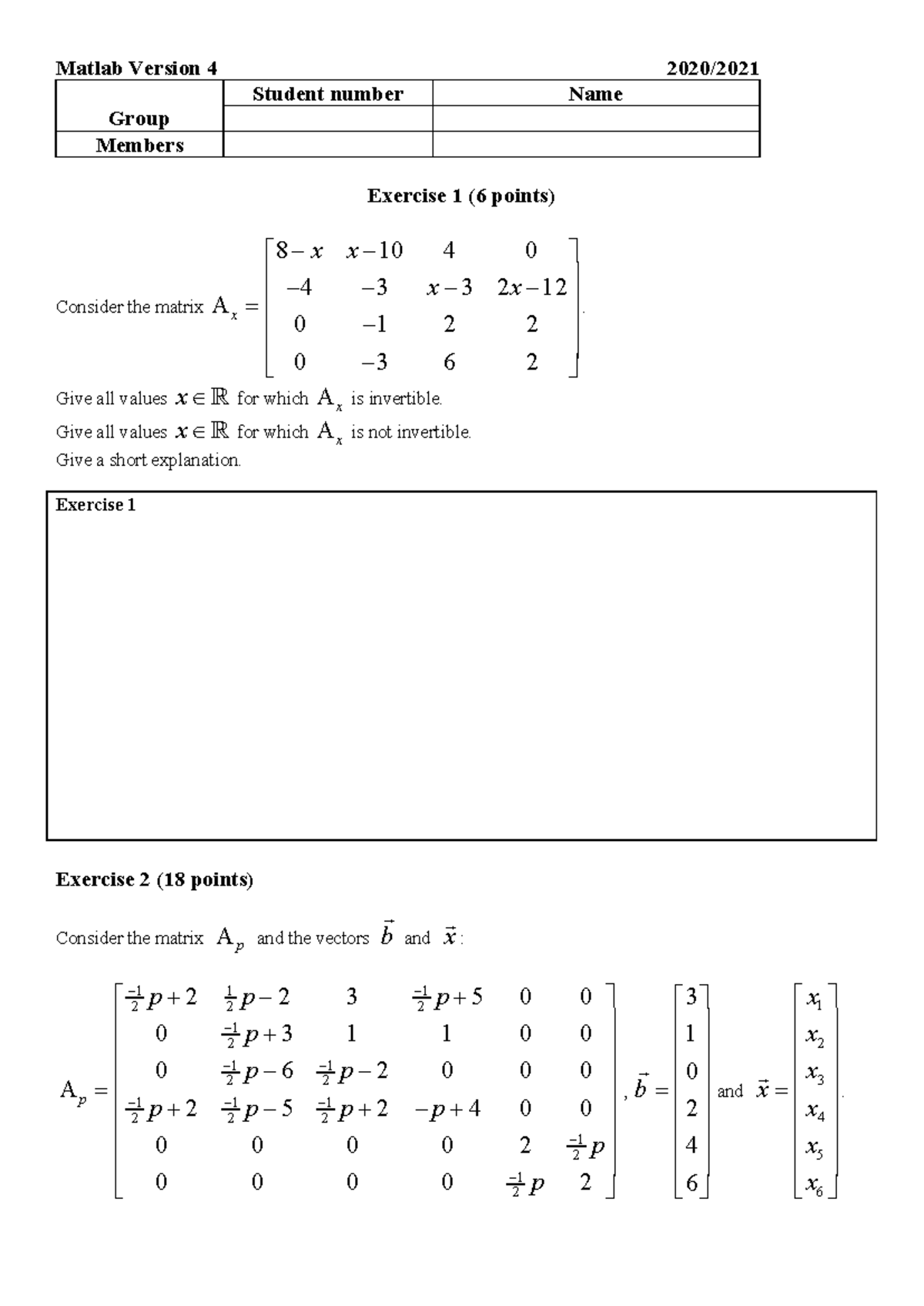 Matlab Test Session v4 - Exercises on Matrix Invertibility and ...