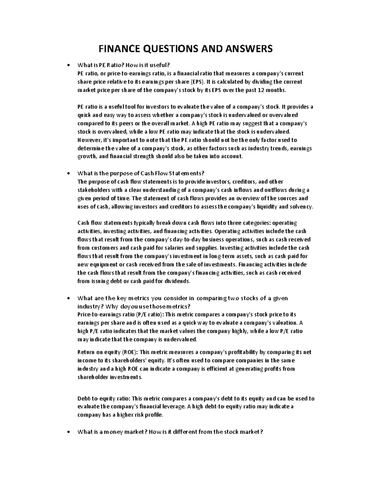 Interview Prep Material - FINANCE QUESTIONS AND ANSWERS What is PE ...