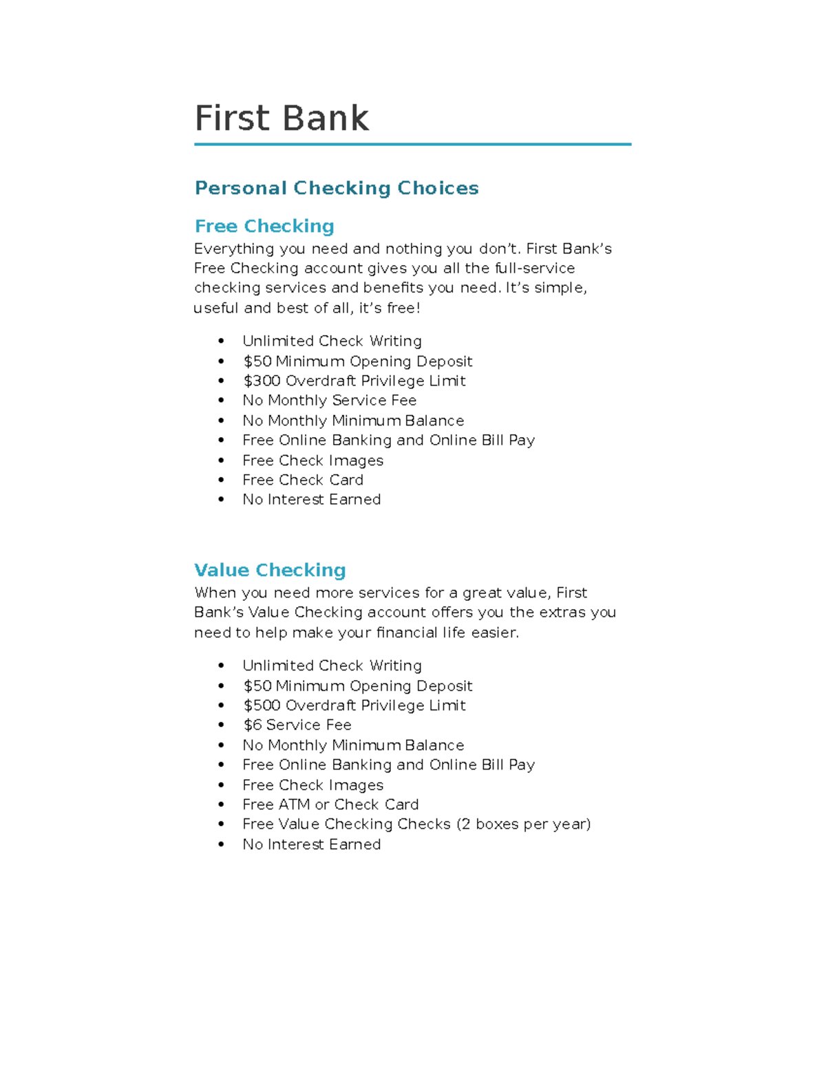 Checking 3 - MS Word Lessons and Formats - First Bank Personal Checking ...