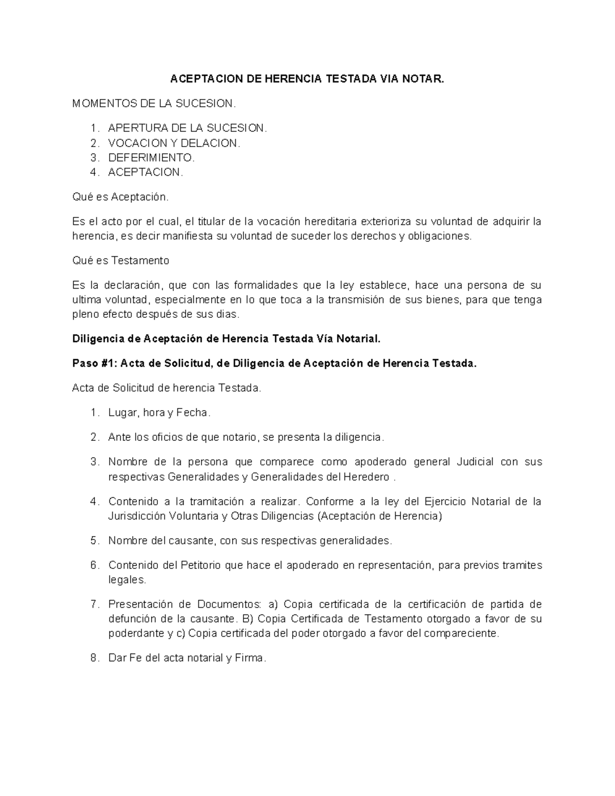 Aceptación de Herencia Testada y Procedimiento Judicial Detallado - Studocu