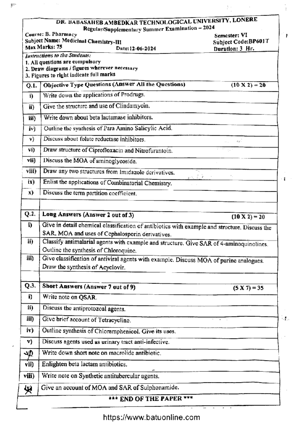 B.Pharmacy 6th Sem Medicinal Chemistry BP601T June 2024 Exam Paper ...
