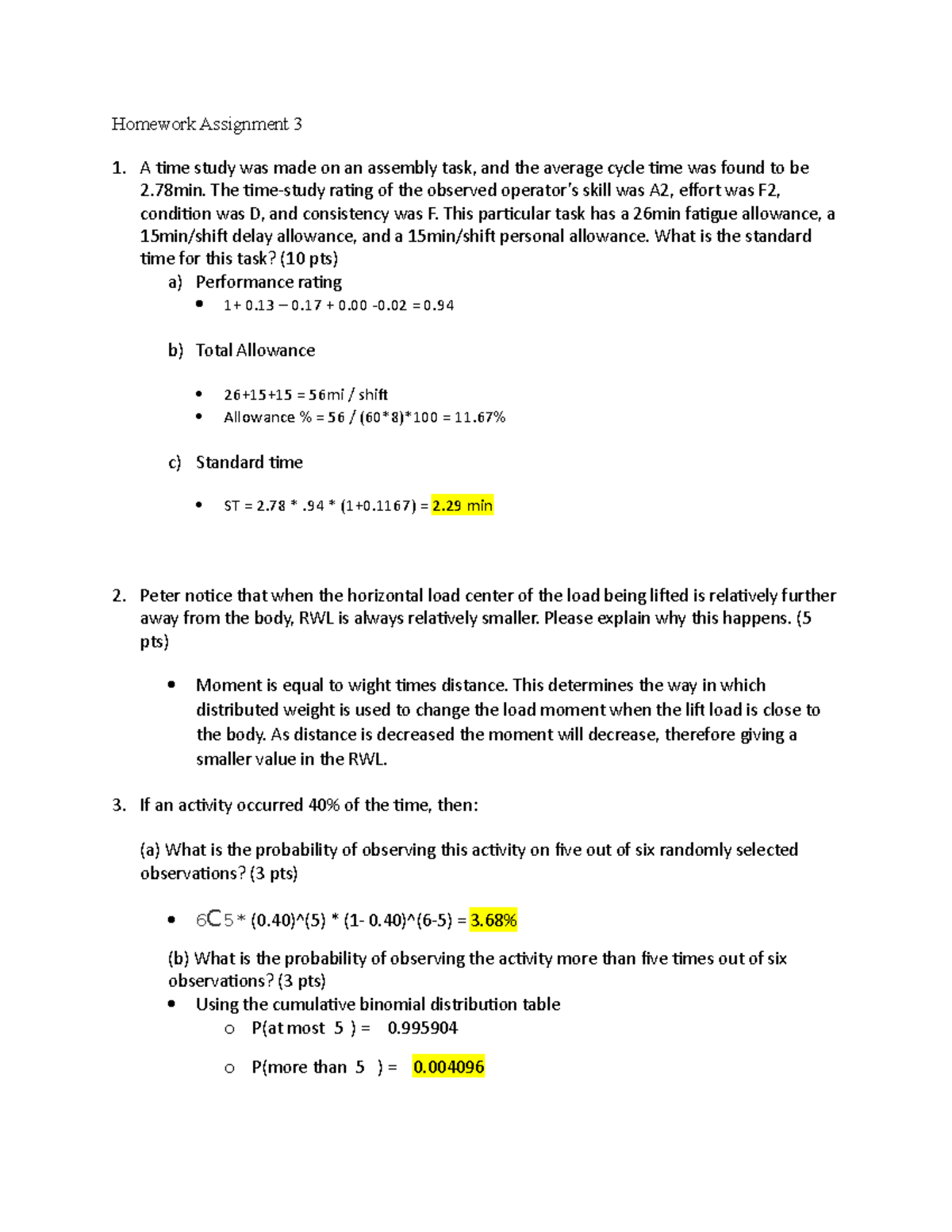 HW 3 IE 386 - HW 3 IE 386 - Homework Assignment 3 A time study was made ...