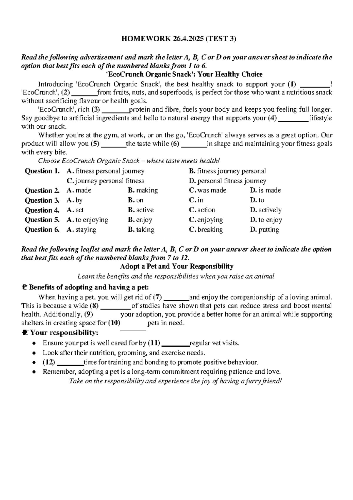 3.1 Homework 26.4.2025 (Test 3) - English Language Practice - Studocu