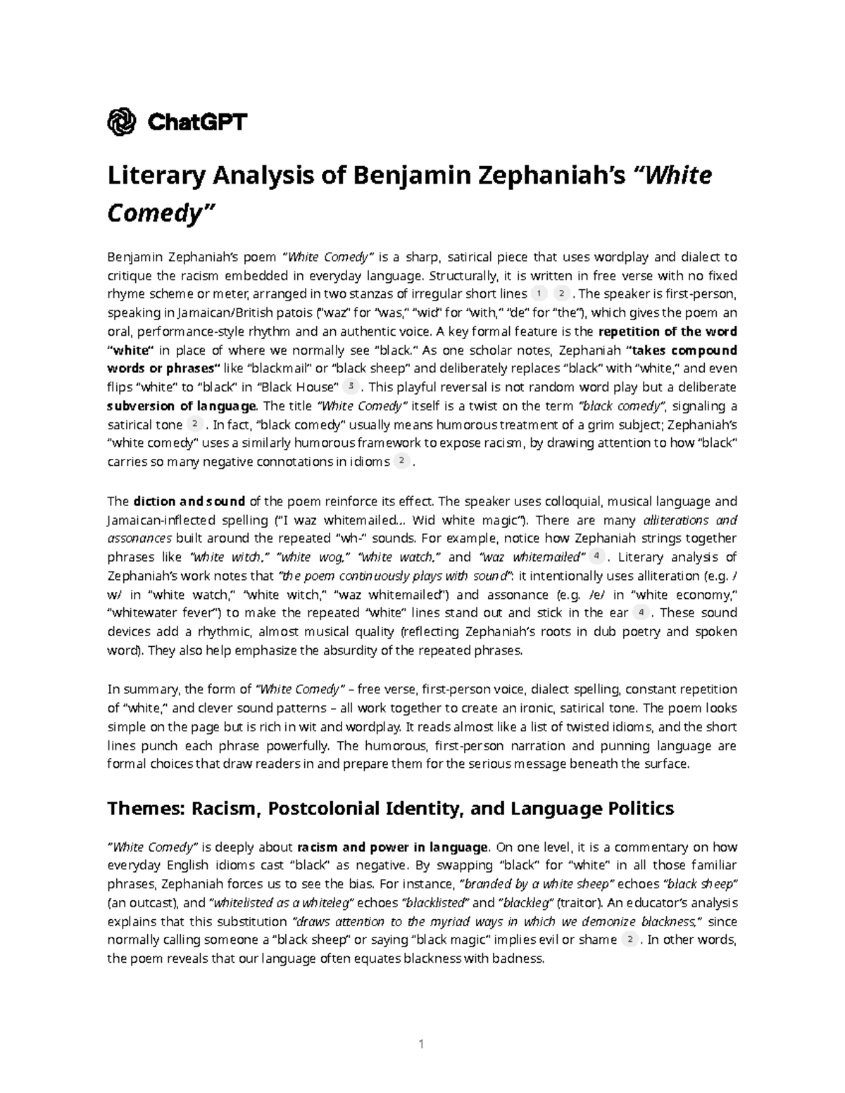 Literary Analysis of Benjamin Zephaniah - Document Preview
