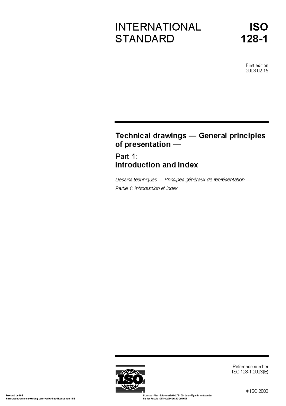 ISO 128-1:2003 Technical Drawings - General Presentation Principles ...