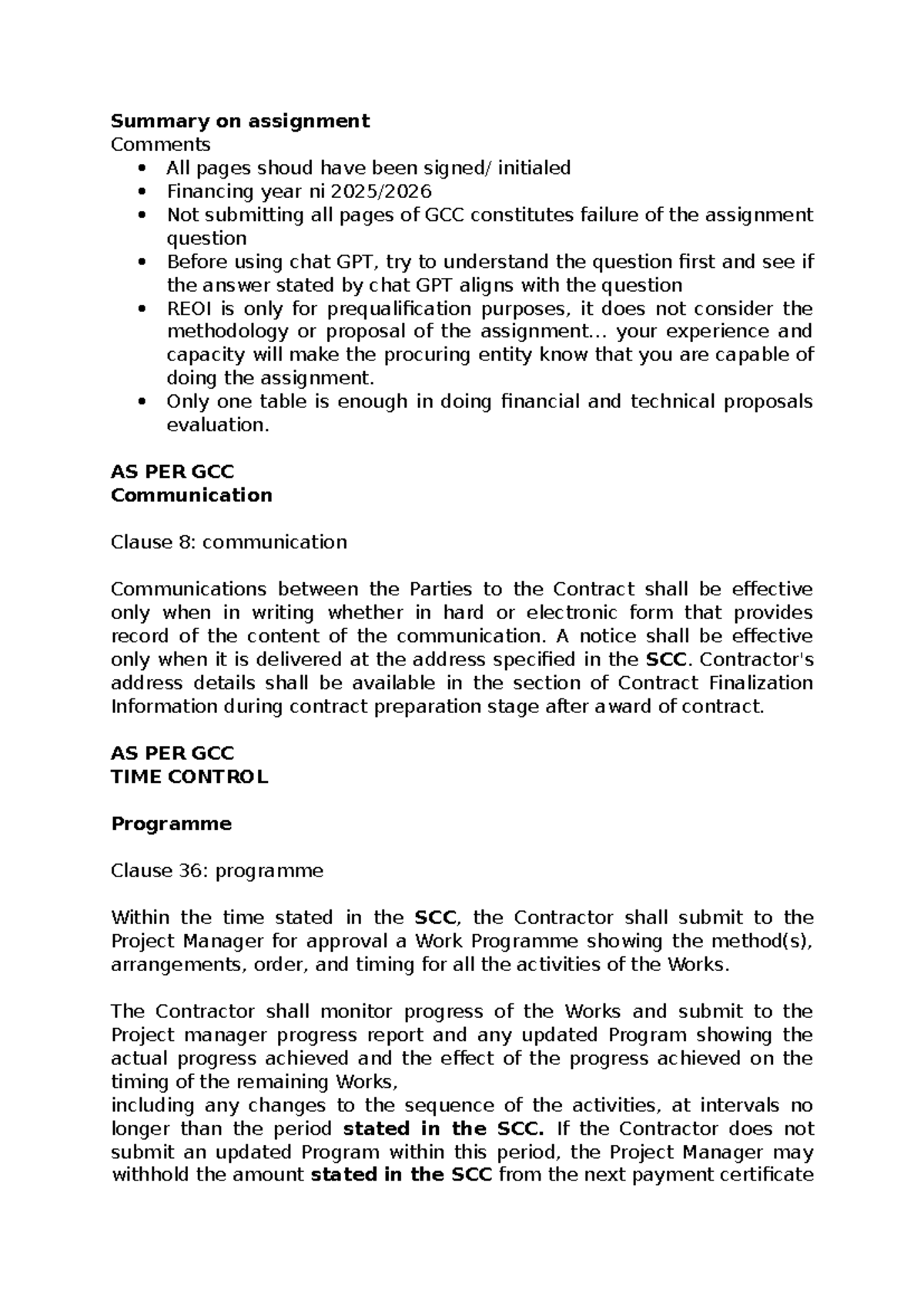 GCC Assignment Summary: Key Clauses and Communication Guidelines - Studocu