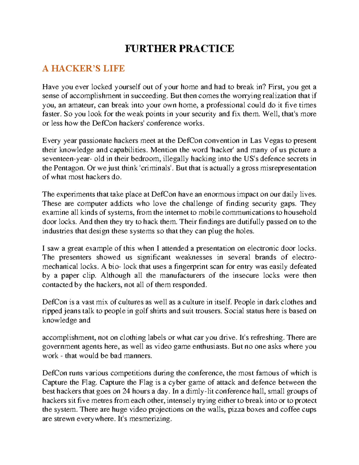 Further Practice FOR 7C: A Hacker's Life at DefCon - Studocu