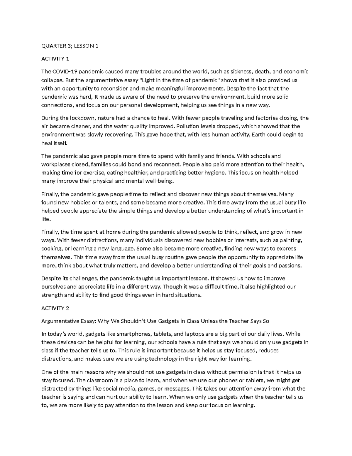 ENGLISH QUARTER 3 LESSON ACTIVITIES AND ESSAY CRITIQUES - Studocu
