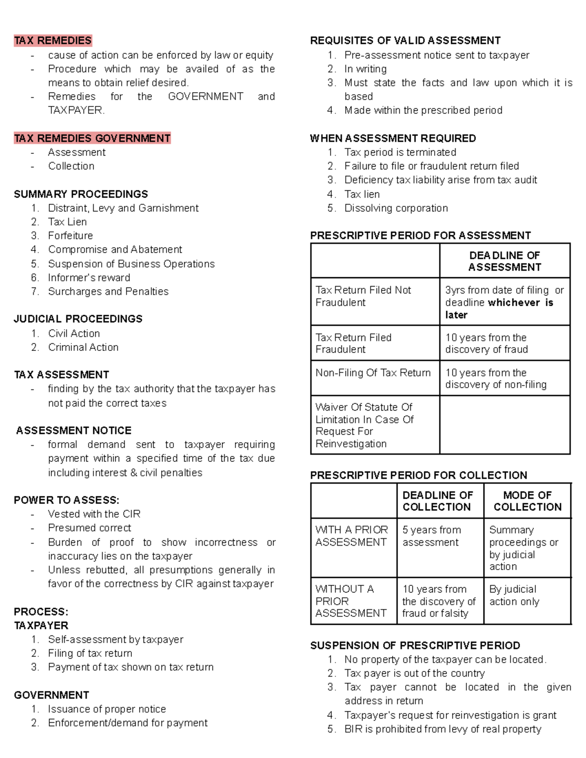 TAX REMEDIES: Enforcement, Assessment, and Collection Procedures - Studocu