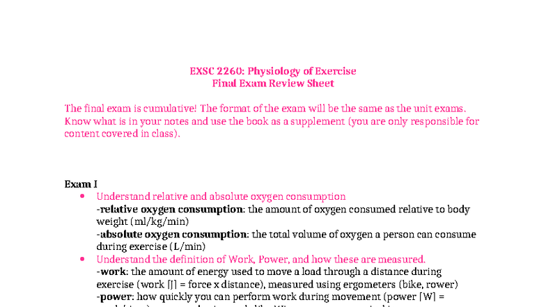 EXSC 2260: Comprehensive Review for Physiology of Exercise Final Exam ...