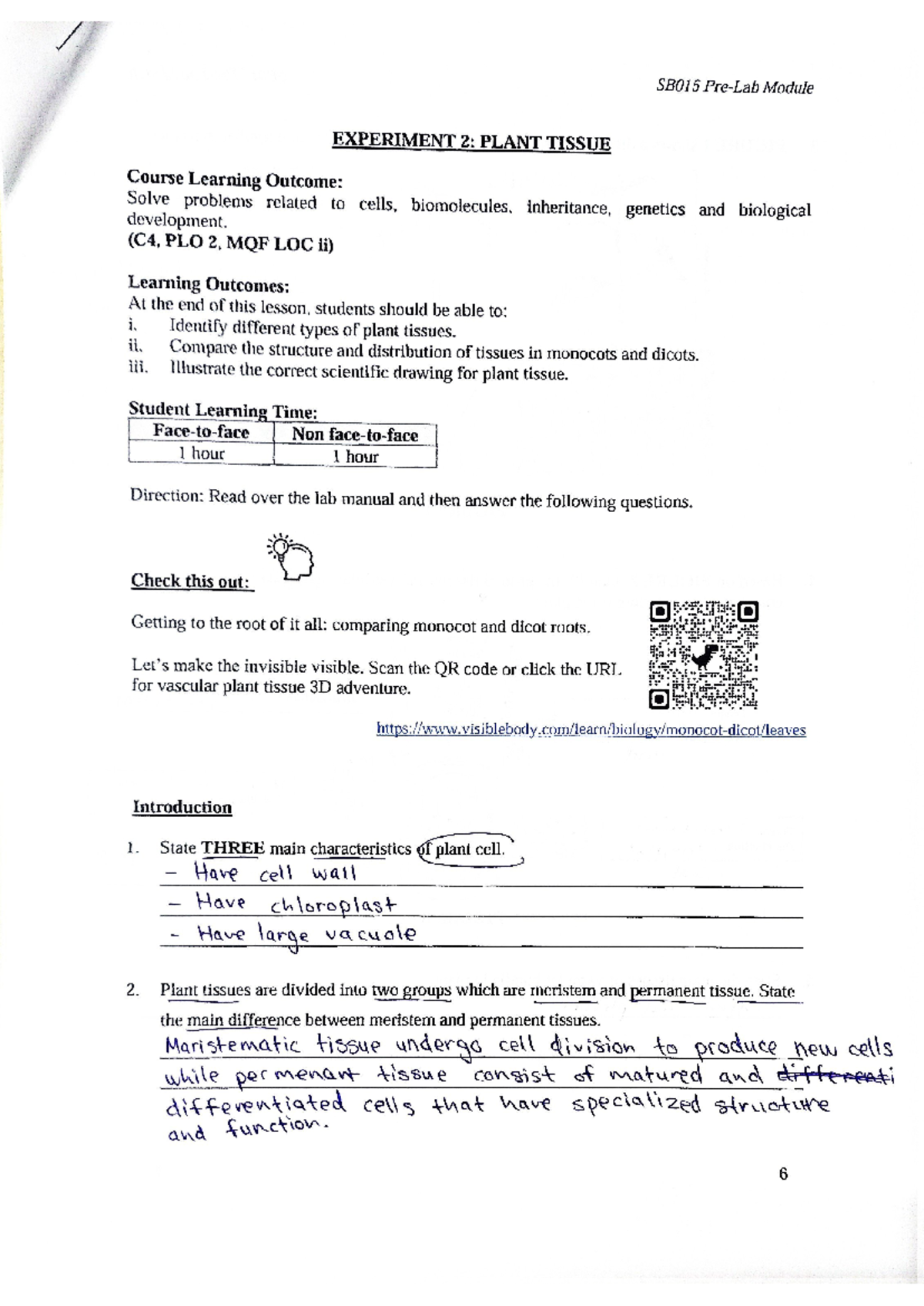 SB015 Pre Lab Report: Plant Tissue Experiment 2 Answers - Studocu