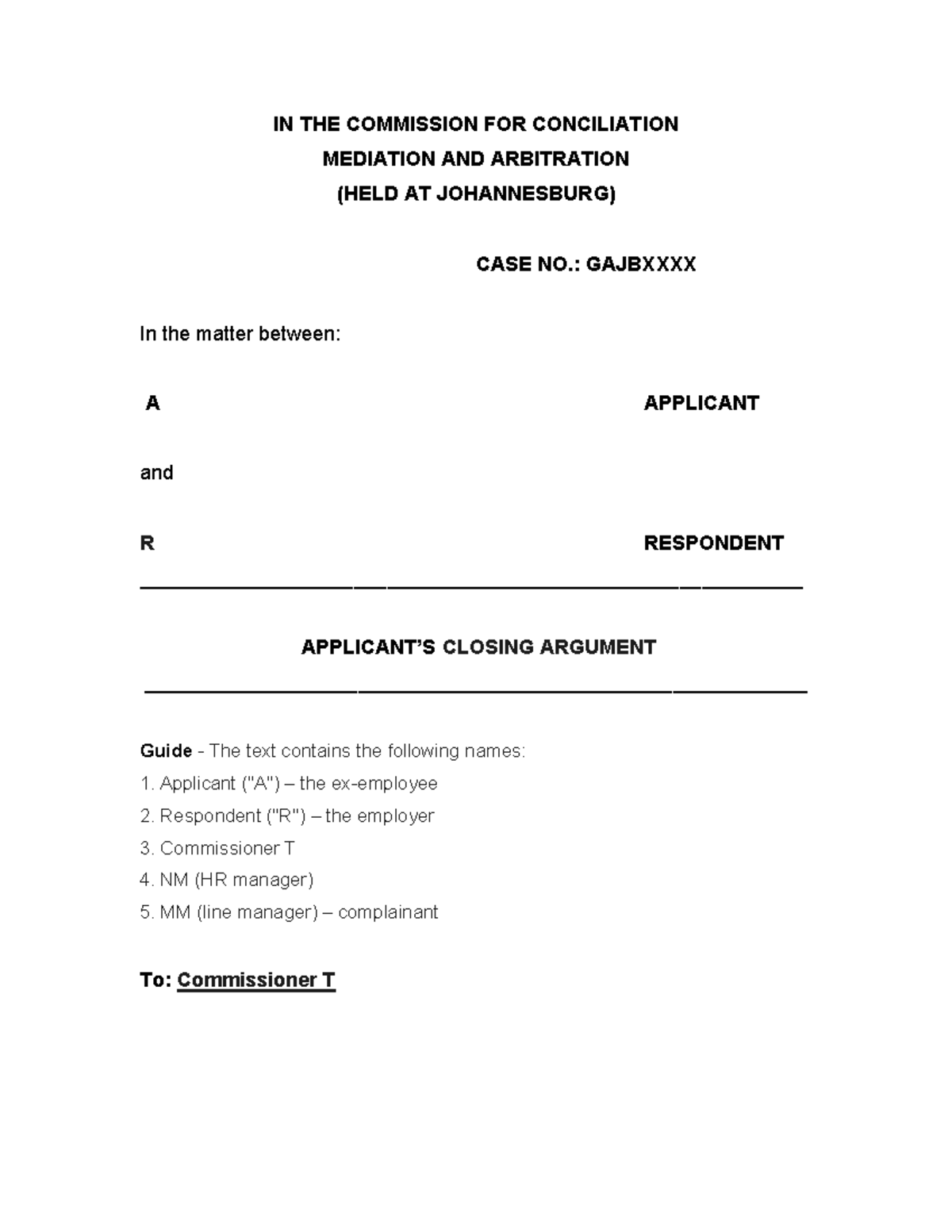 Closing Arguments in CCMA Case No. 1757187944: Applicant vs. Respondent ...