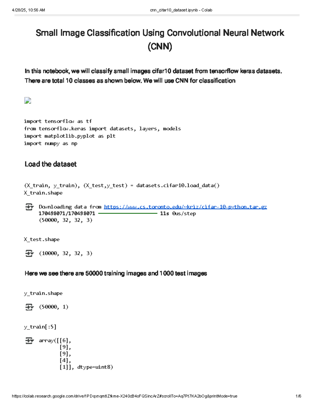 CNN Image Classification with CIFAR-10 Dataset (Colab) - Studocu