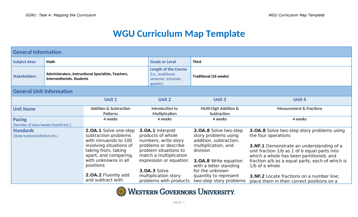 D630: Task 4 - Curriculum Mapping for Math Standards - Studocu
