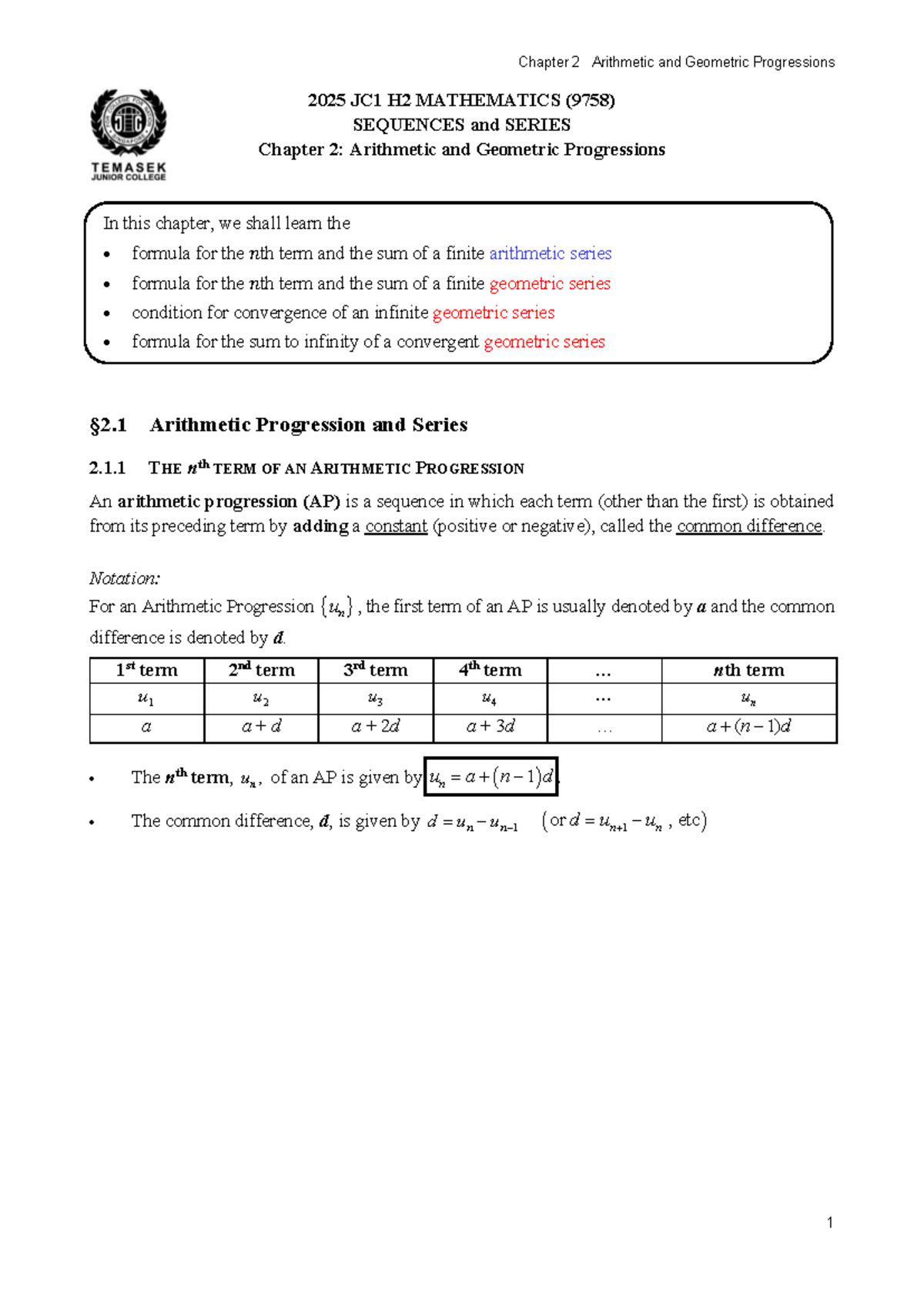 2025 H2 MATHEMATICS (9758) Chapter 2: Arithmetic & Geometric ...