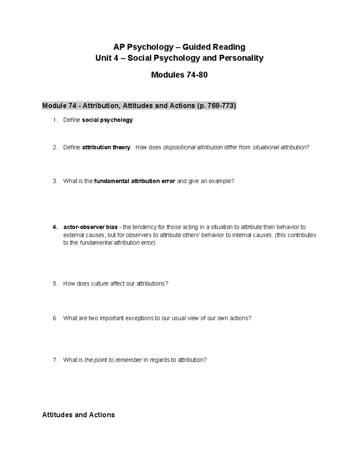 AP Psychology Unit 4 Guided Reading: Social Psychology & Personality ...