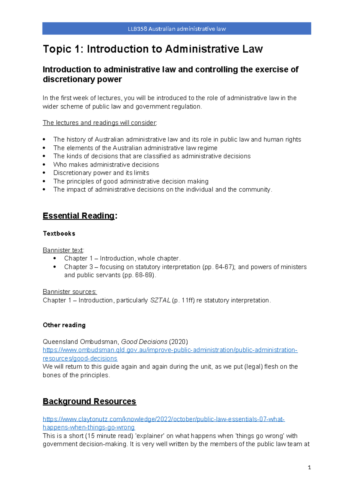 LLB358 Final Exam: Topic 1 - Introduction to Admin Law 2024 - Studocu